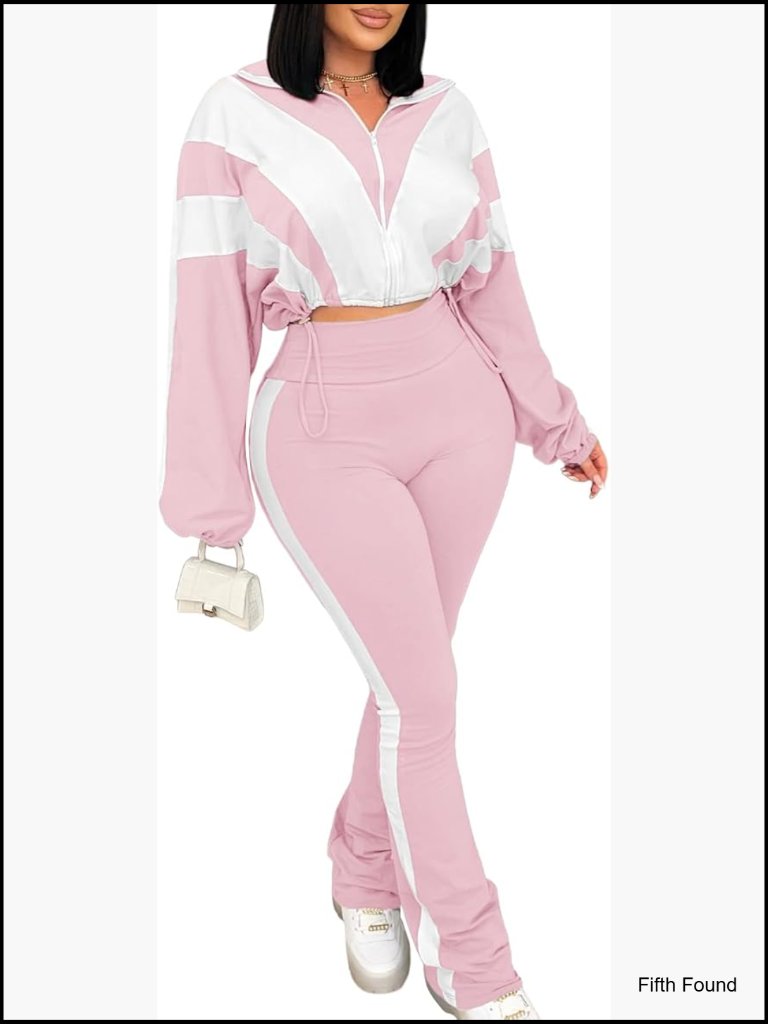 2 Piece Color Block Sweatsuit Crop Jacket Flare Pants Set